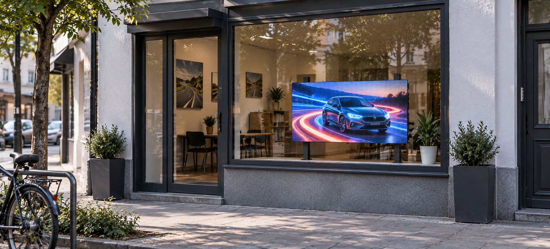 Digitale Werbeanzeige mit Automotiv im Fenster einer Fahrschule
