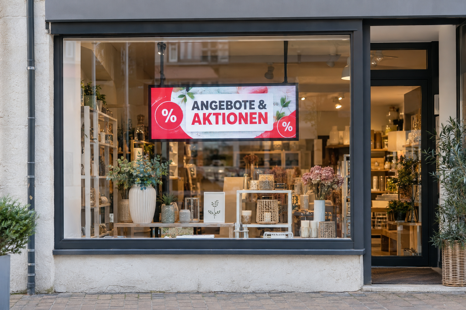 Digitale Werbeanzeige für Angebote und Aktionen im Fenster eines Fachgeschäfts