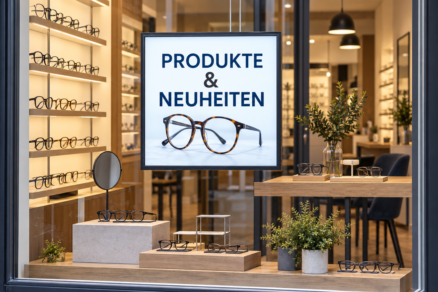 Quadratische digitale Werbeanzeige im Fenster eines Optikgeschäfts