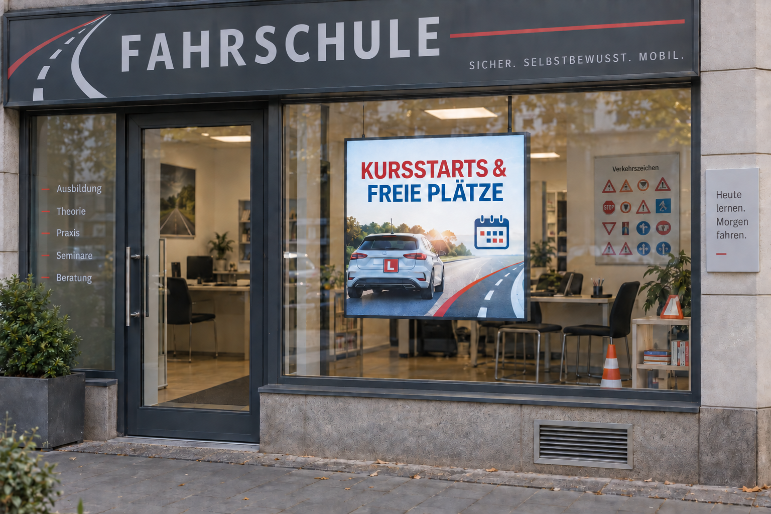Schaufenster einer Fahrschule mit einem LED-Display für Kursstarts und freie Plätze.