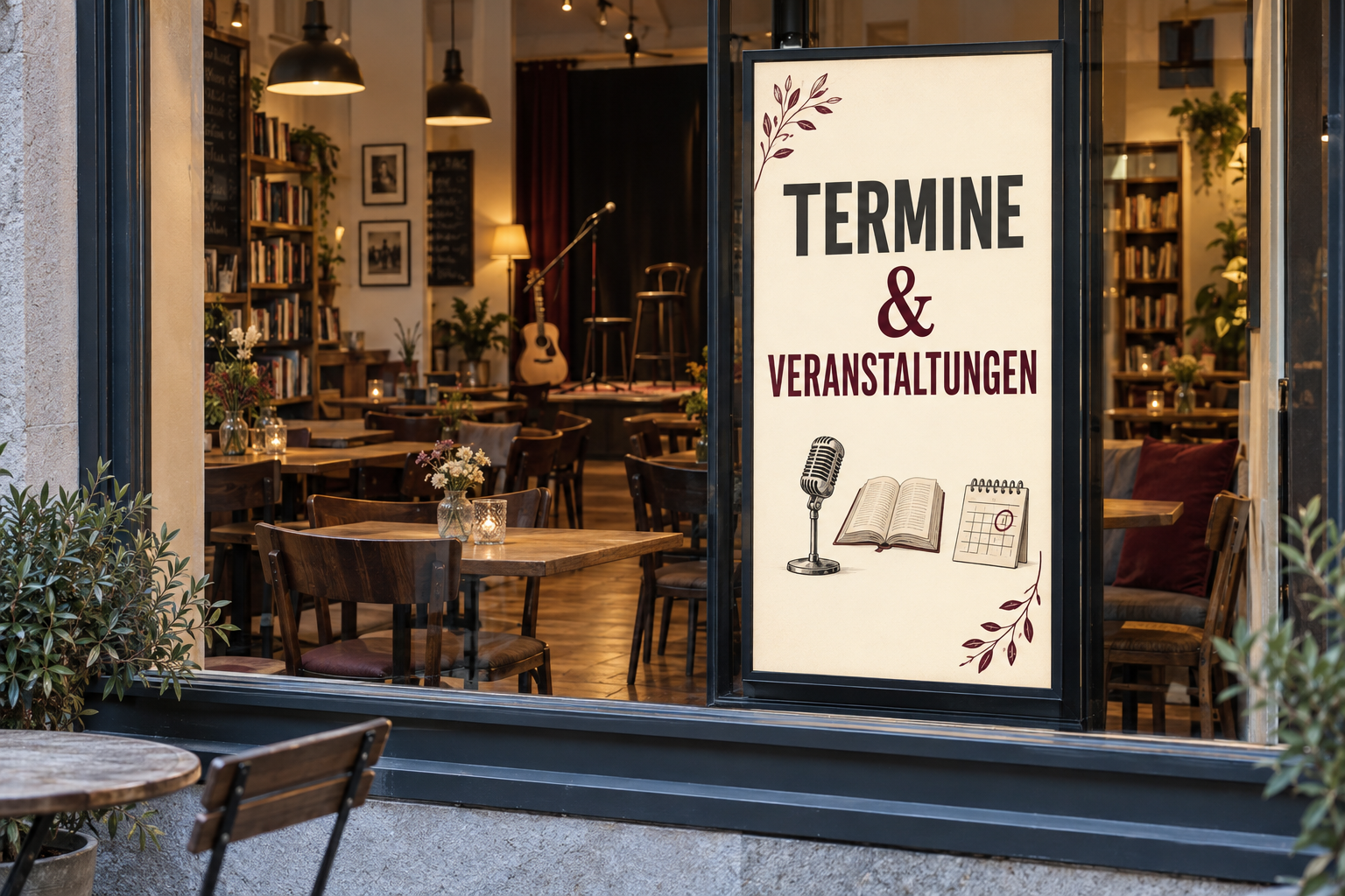 Beschreibung des Kulturcafés mit einem hochkant ausgerichteten LED-Display